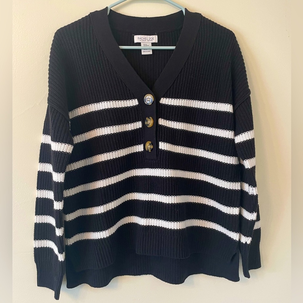Rachel Zoe Striped V-neck Buttoned Sweater